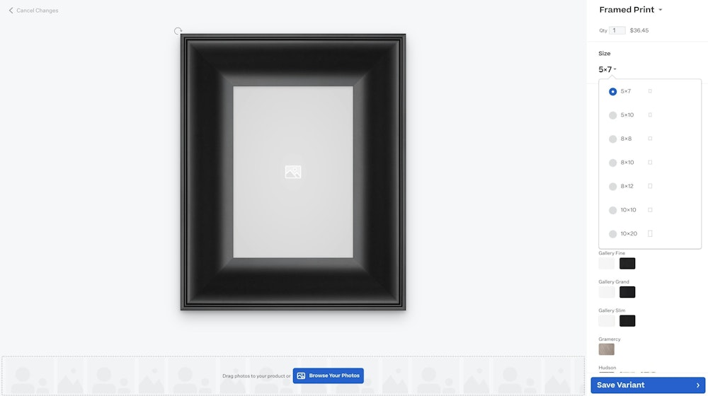 Screenshot of WHCC Framed Print editor size selection to customize Shopify variant.