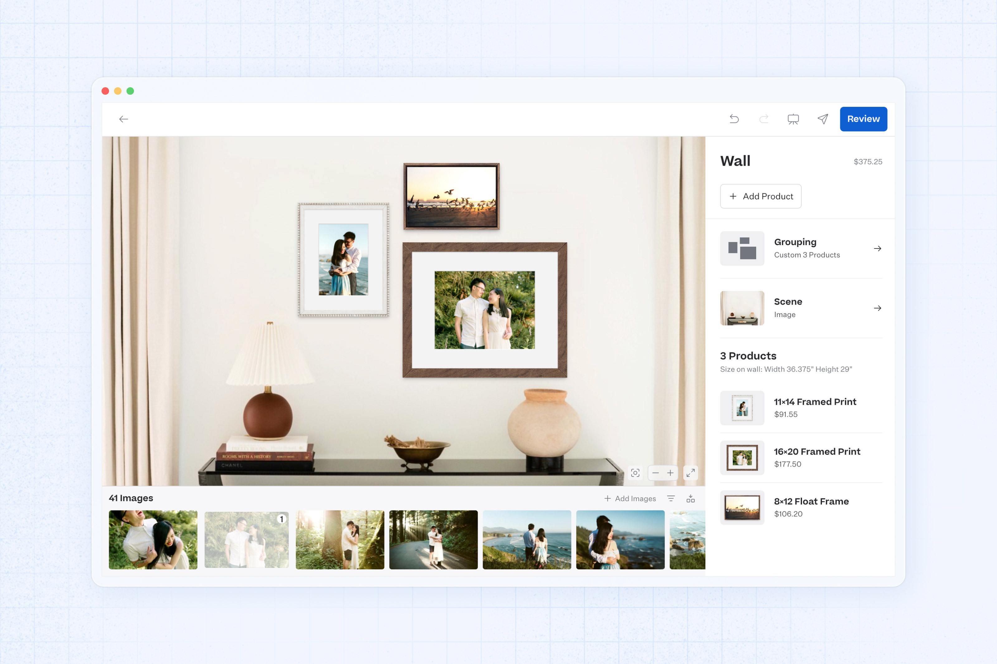 Screenshot of Gallery Wall Designer to print Pacific Northwest beach engagement portraits in Walnut Woodland and Cottage White Brimfield Framed Prints paired with a Walnut Woodland Float Frame hung on a entry or hallway wall between long cream curtains and a styled counsel table.