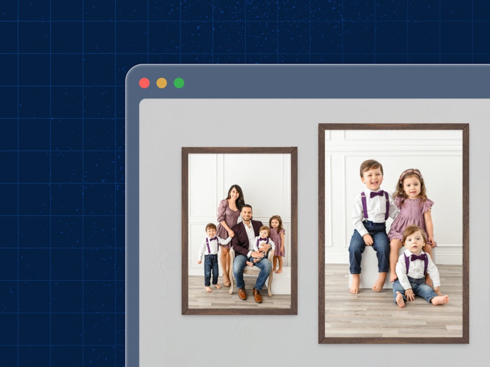 Screenshot with three family portraits in various Wall Art products arranged in Gallery Wall Designer in browser window over light blue grid pattern background