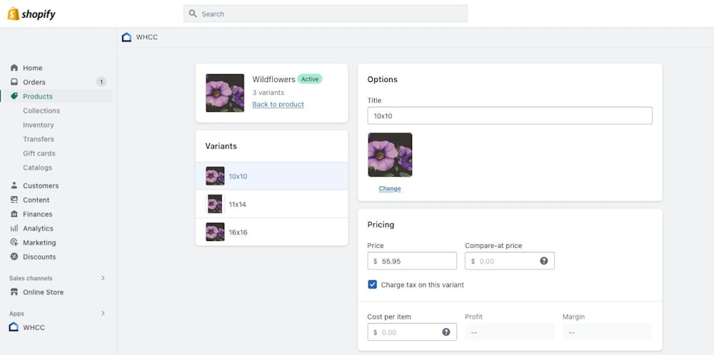 Shopify admin panel UI of "Wildflower" product detail and price settings for a selected variant