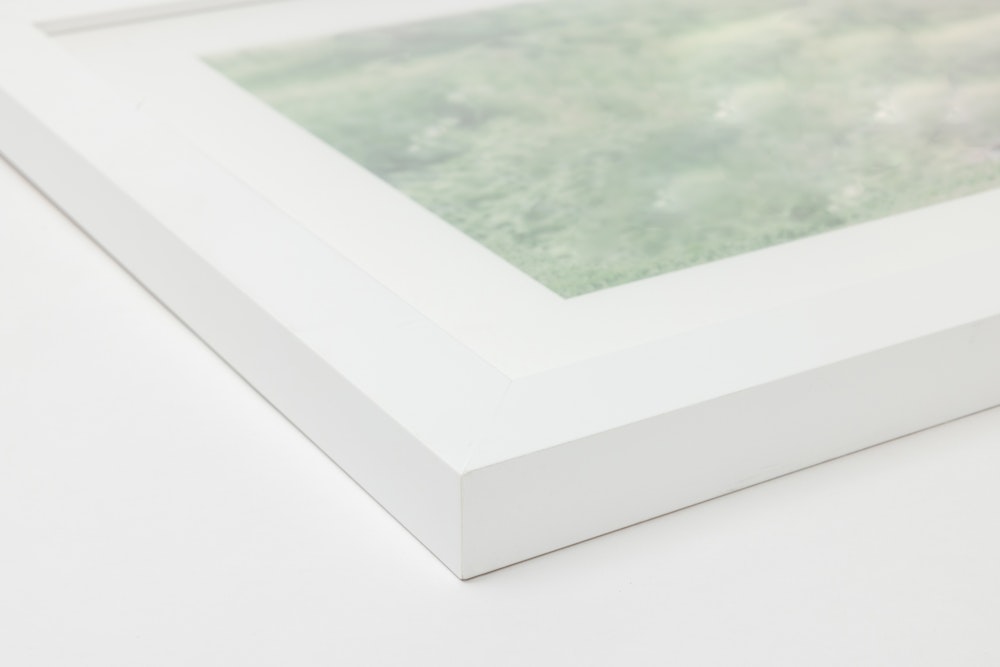 Close-up corner of a White Gallery Framed Print moulding on a white background