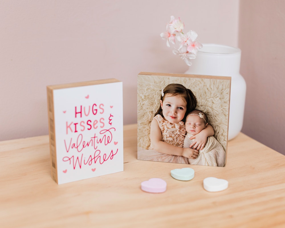 Valentines Bamboo Mini Blocks Tabletop Styled with Candy Hearts and Vase