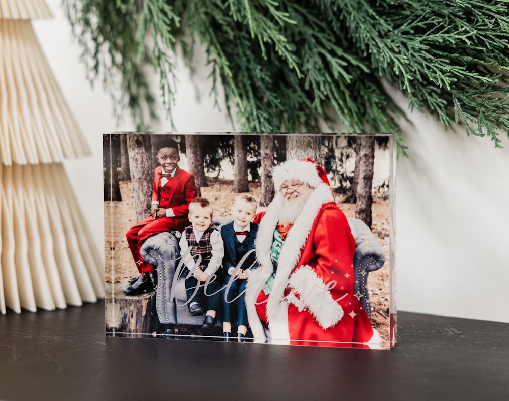 WHCC 2023 Holiday House Shoot Fall Acrylic Block with engraving believe engraving 5x7 acrylic block on end table little boys with santa