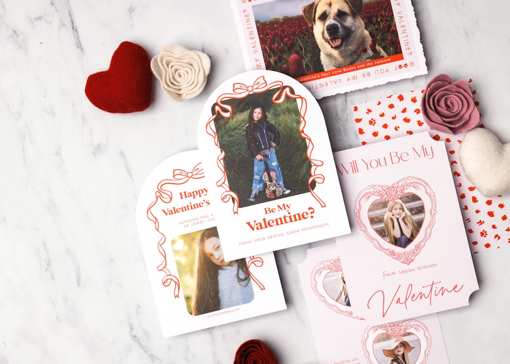 custom on-demand printed valentine's day cards on a table, showing various free templates options available for easy customizing