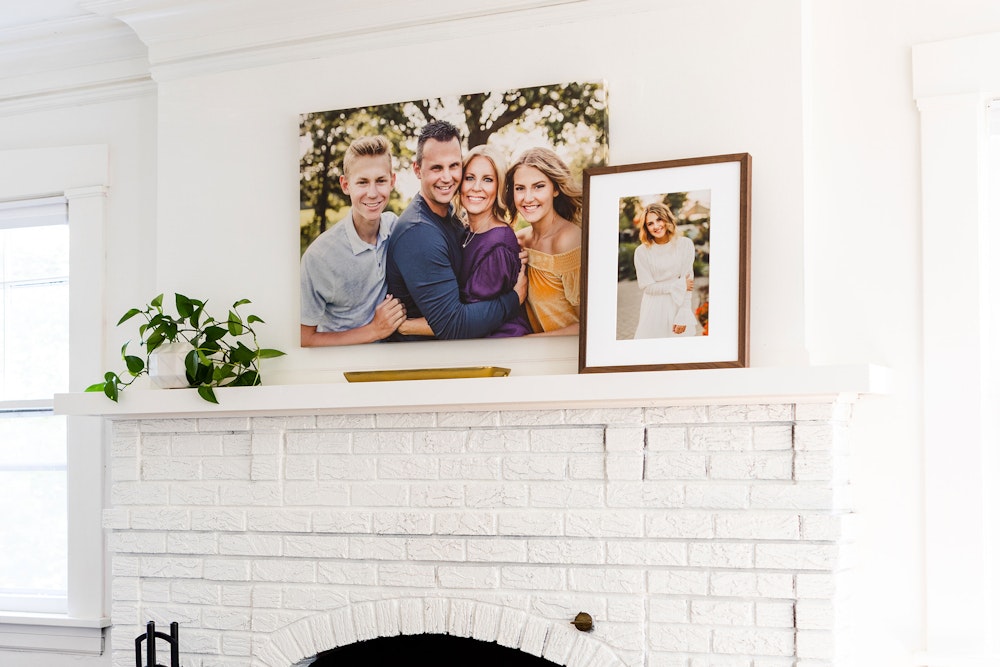 Gallery Wrap Lifestyle above fireplace layered with walnut frame