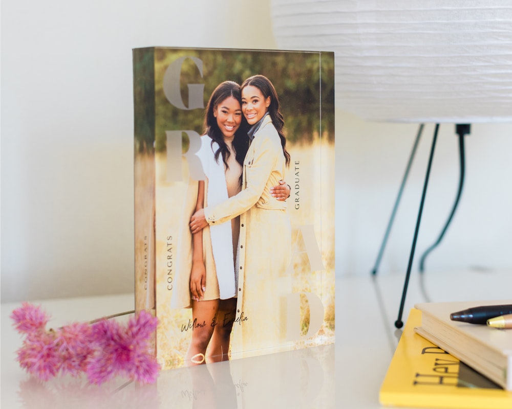 Friend senior portrait on grad engraved Acrylic Block on desk