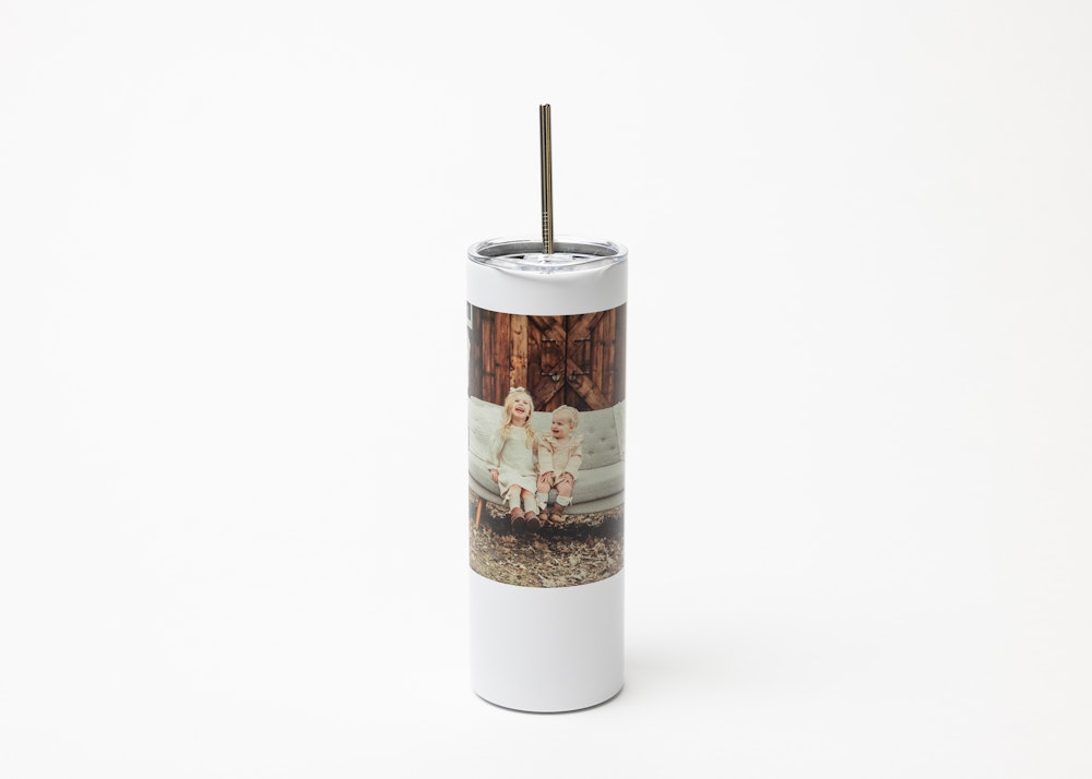 Insulated Travel Mug printed with a professional portrait of two children for a personalized gift on white background