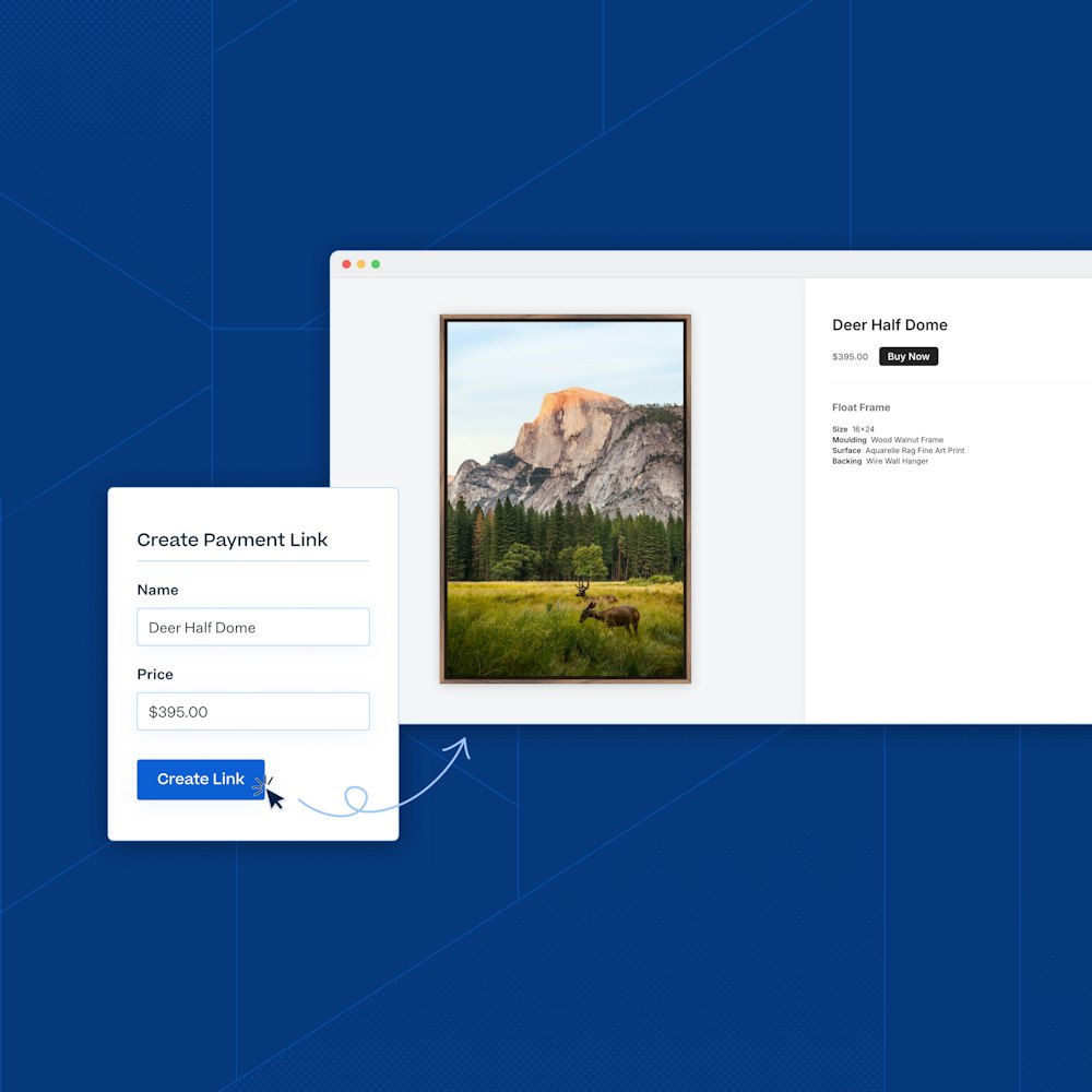 A form to create a payment link for "Deer Half Dome" is shown with fields for name and price. The resulting webpage displays a framed photo of the image for sale at $395.