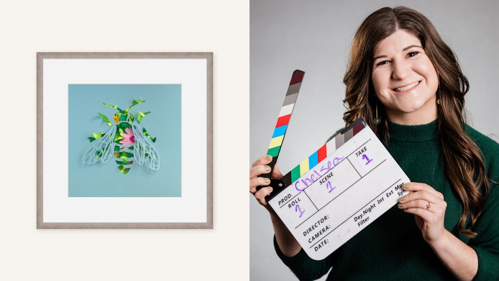 A matted Framed Print of paper-cut bee and floral artwork on the left; a woman holding a clapperboard and smiling on the right.