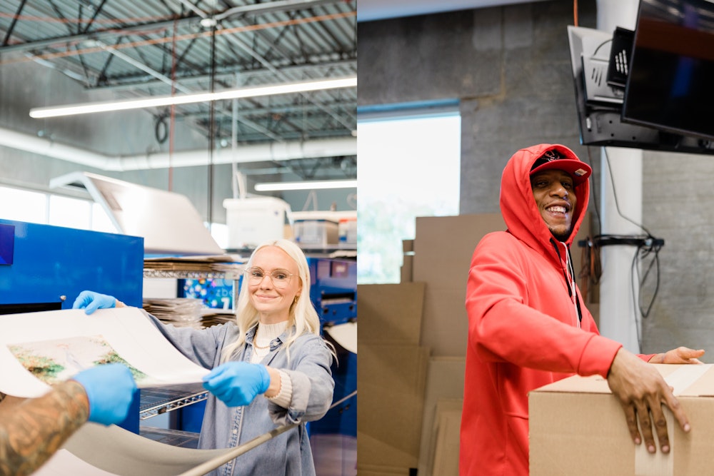 Collage of WHCC production staff, woman with print man taping box