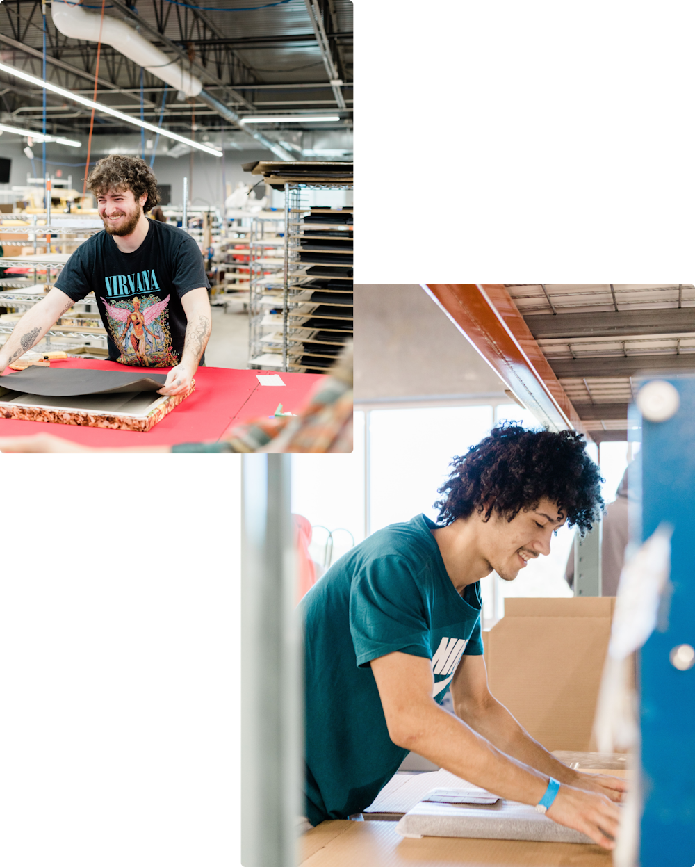 Collage of people eating at a picnic table, getting food from a food truck, and working in the WHCC production lab