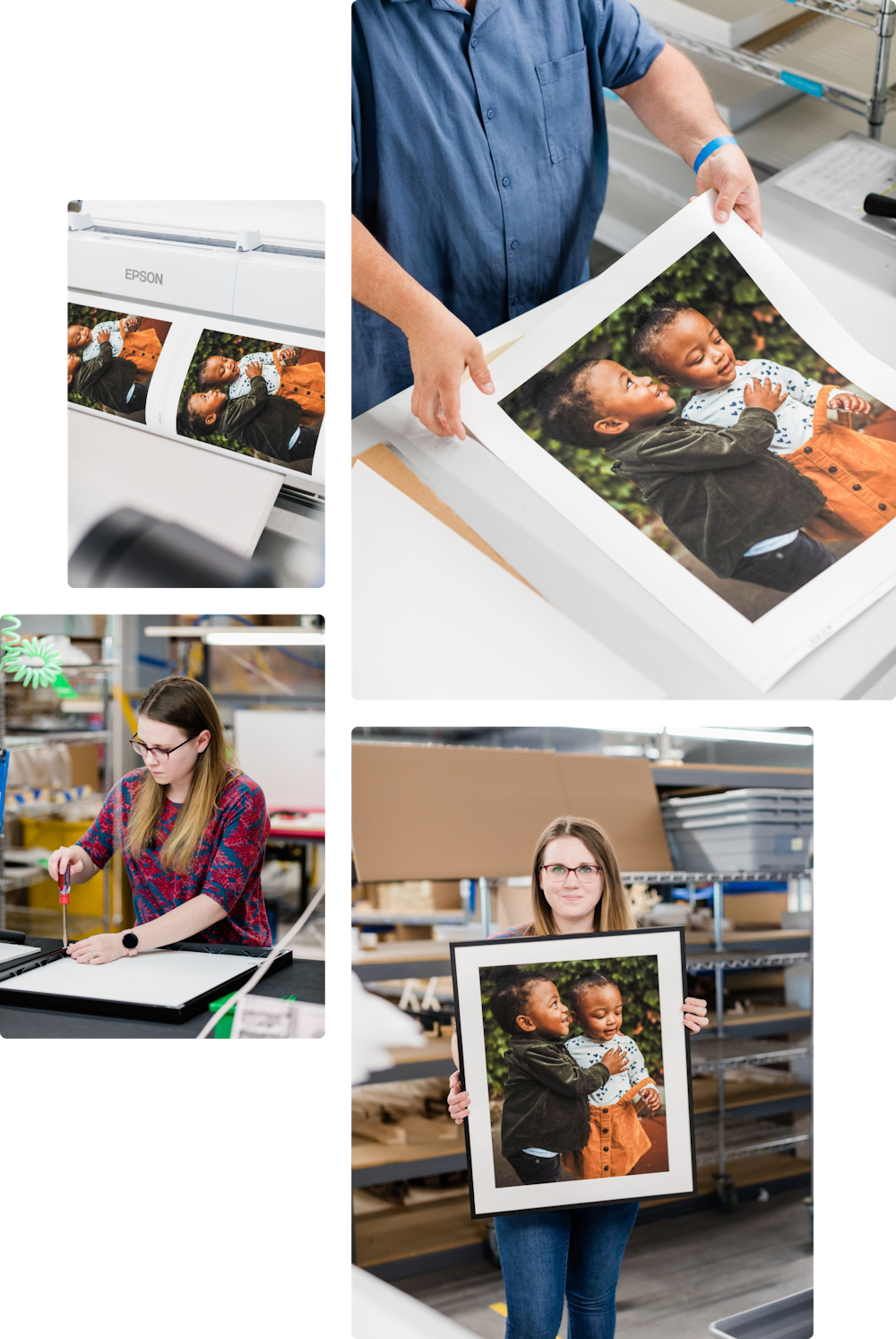 Collage of people assembling products in the WHCC production lab