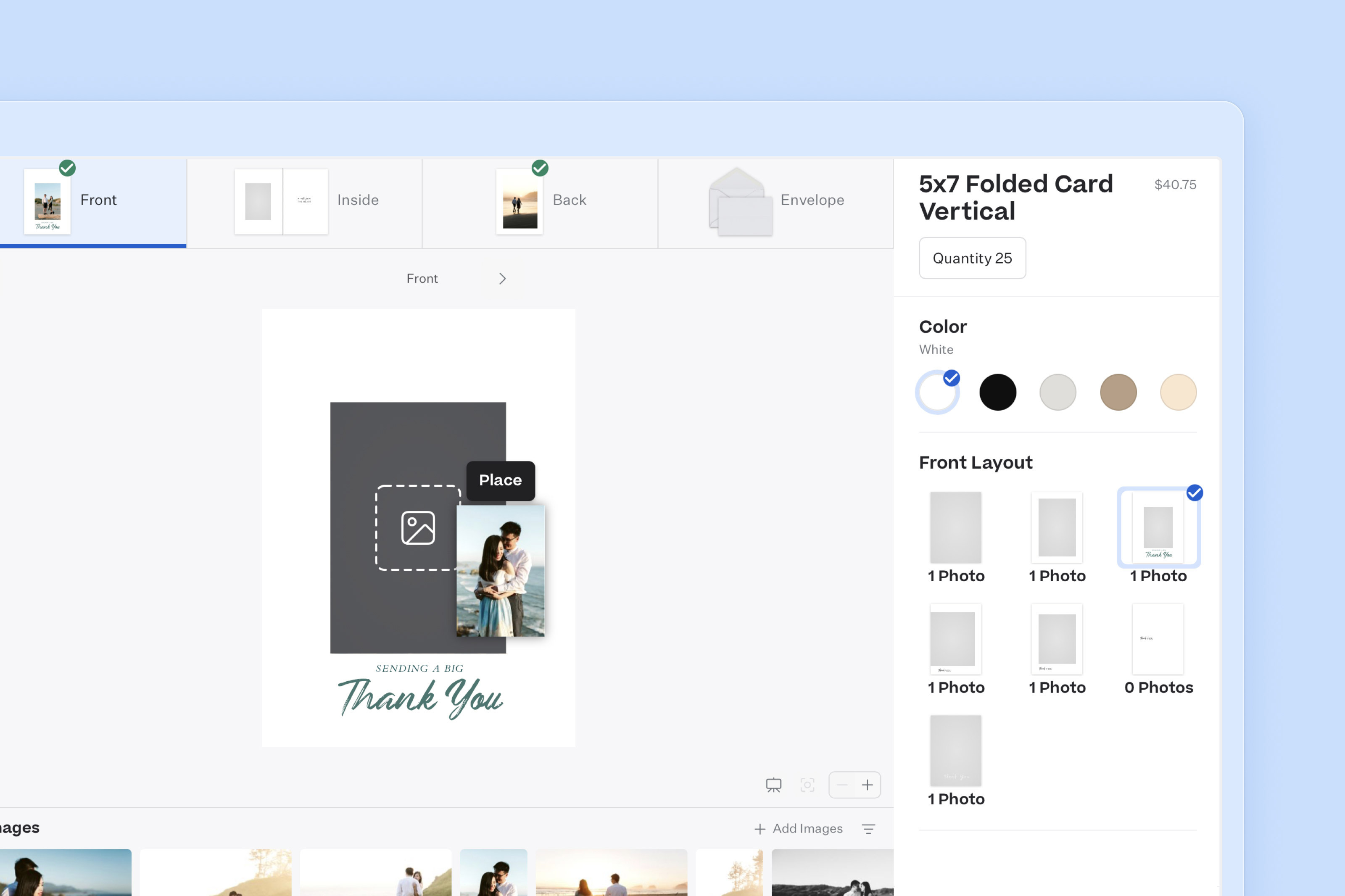 Zoomed in view of blank 5x7 Folded Card designer customizing a simple layout with engagement session images and "Thank You" text. Browser window is over a light blue background.