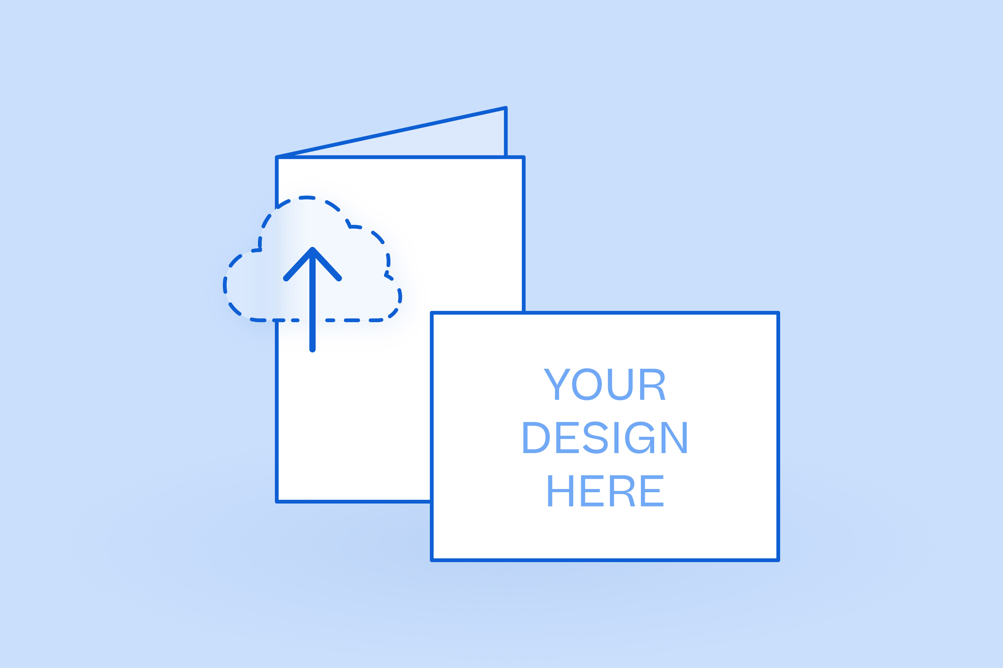 5x7 blank Flat Card and Folded Card illustration on light blue background with cloud upload icon and "Your Design Here" message.