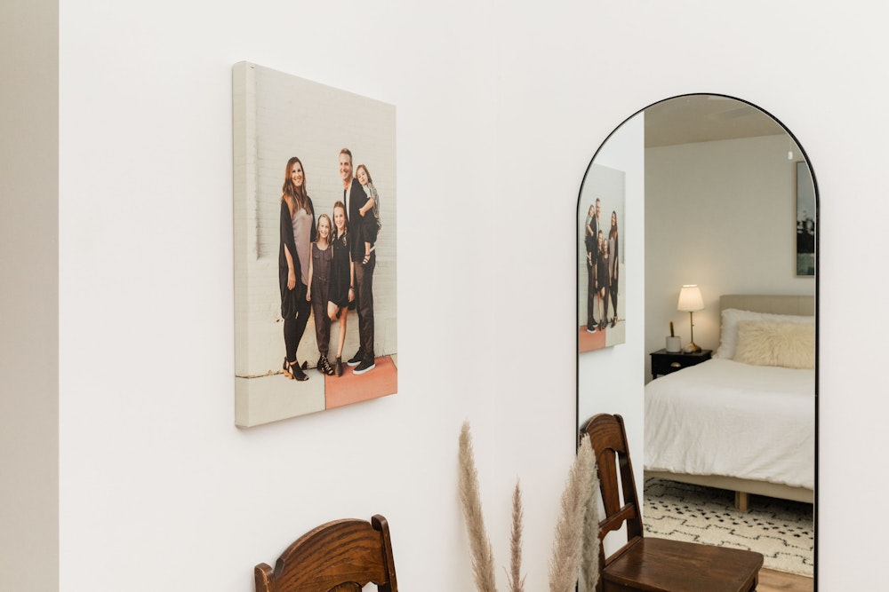 Family portrait Gallery Wrap hanging on bedroom wall