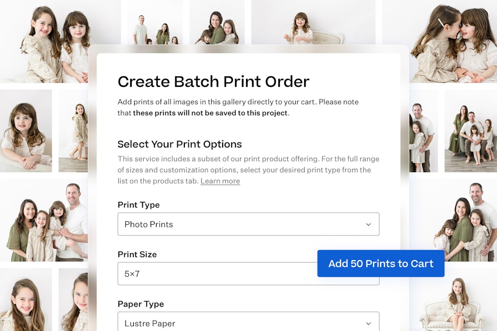 Screenshot of "Create Batch Print Order" dialog with print type selection options and a "Add 50 Prints to Cart" button floating over a gallery grid of professional family portrait images.