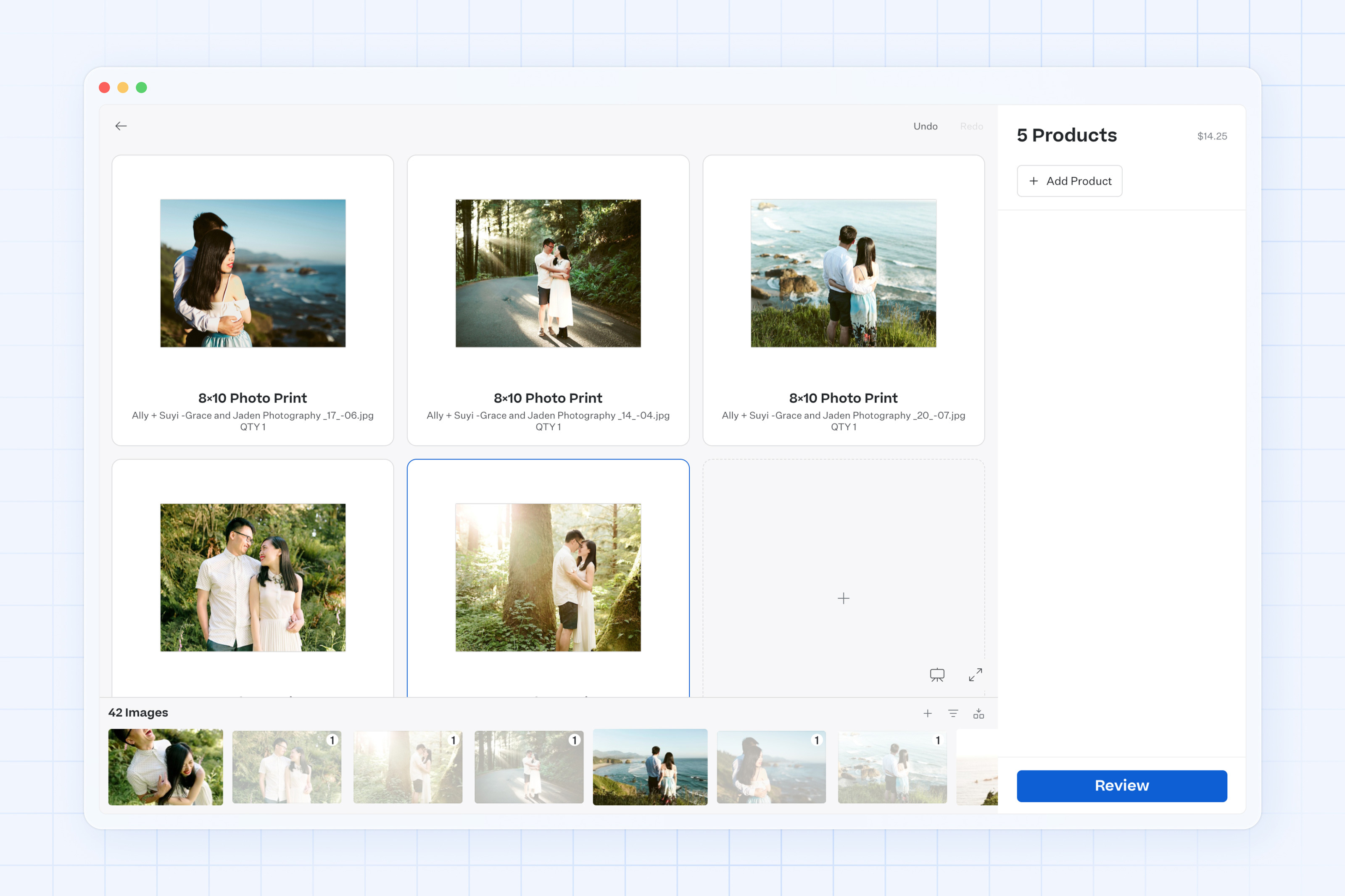 Browser window screen capture of a multi product designer for an order of five professional engagement session photo prints over a light blue background with a grid pattern.