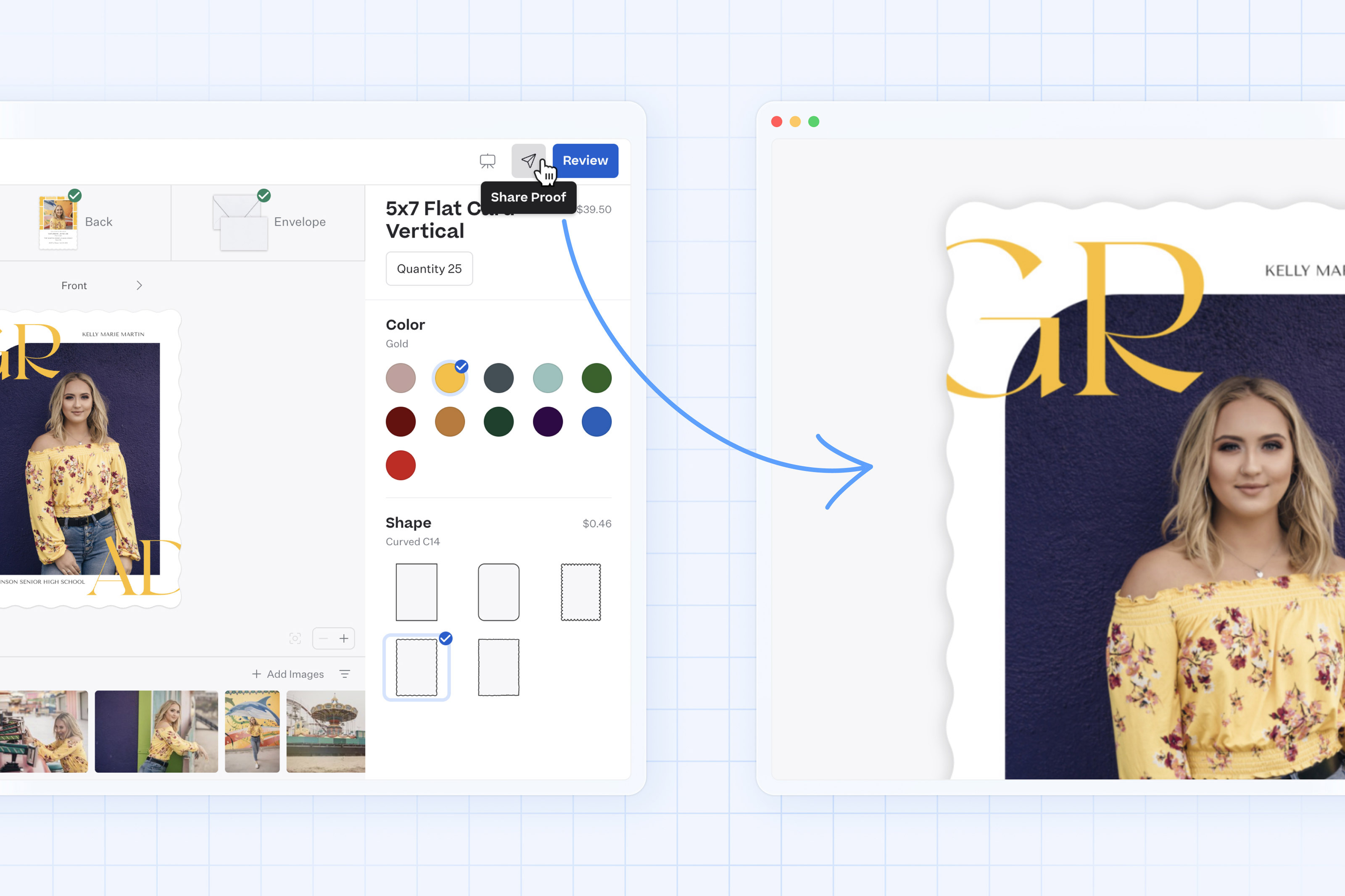 Two browser window screen captures over a light blue background with a grid pattern. Browser on the left shows a graduation card designer tool with a "Share Proof" button. Arrow from that buttons points to browser on the right showing an unbranded proof of the same design.