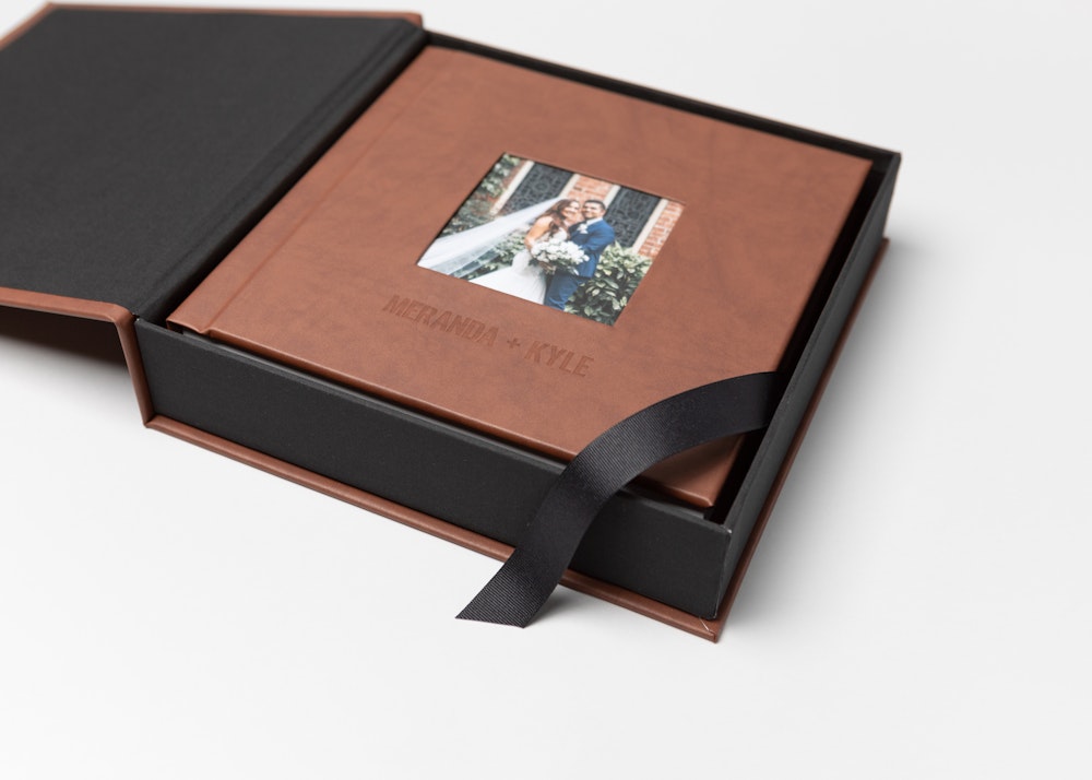 Leather wedding Album Box ribbon & corner detail