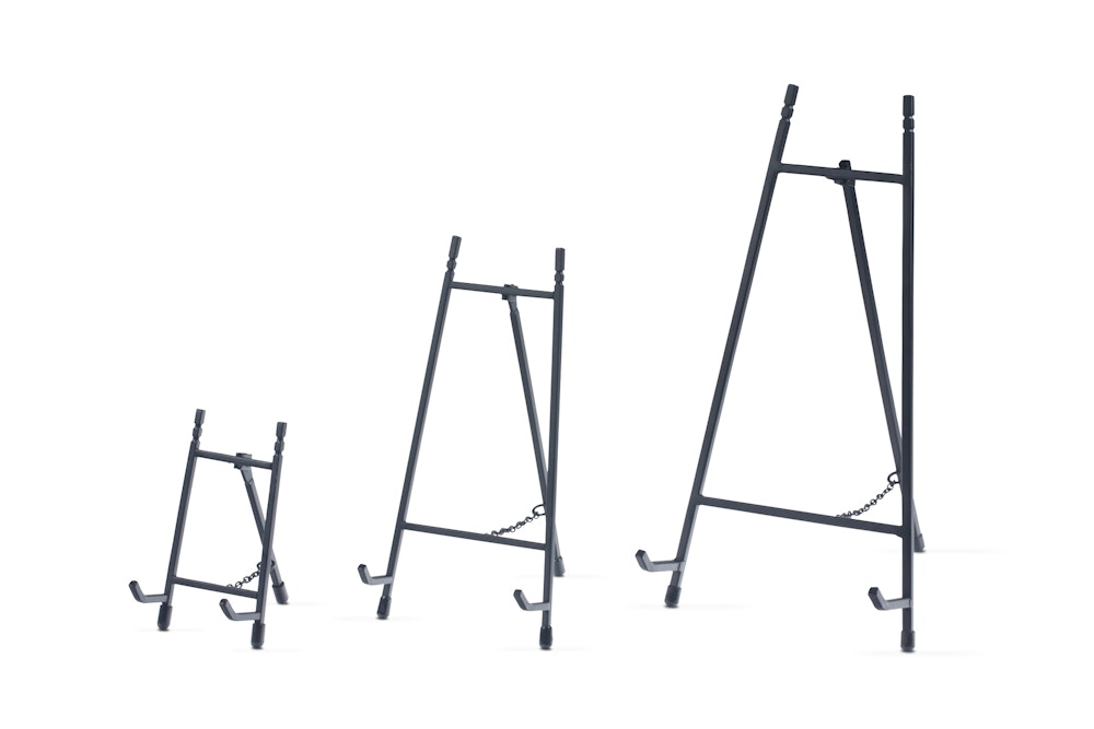 Three black easels of various sizes on a white background