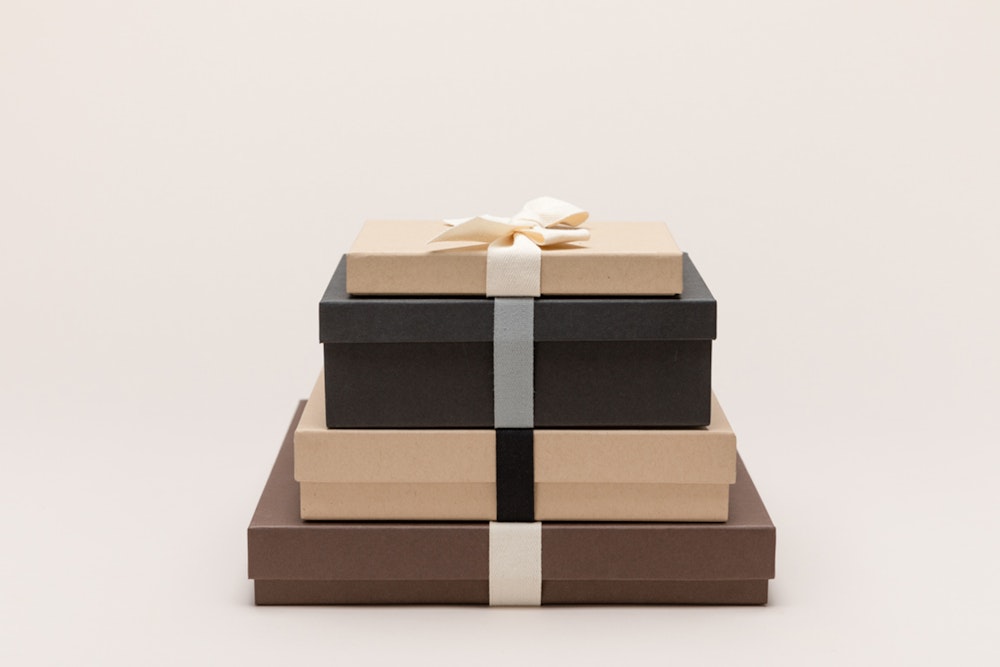Multiple Premium Packaging colors, ribbon, and size options stacked