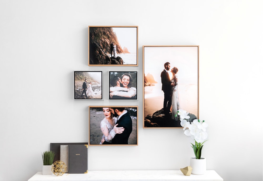 Wedding wall collage of multiple wood and metallic Float Frames