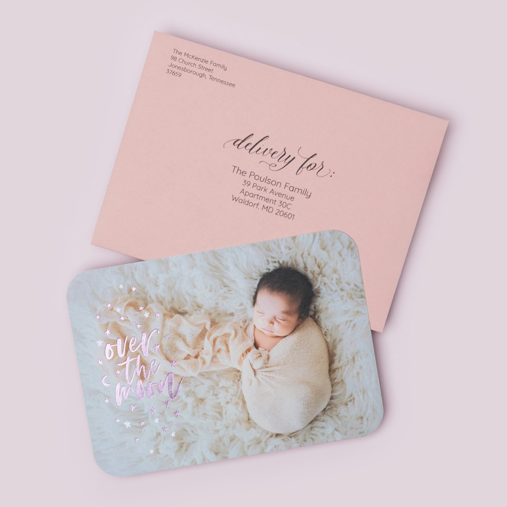5x7 Flat Card newborn foil design and Dusty Rose premium envelope with address printing