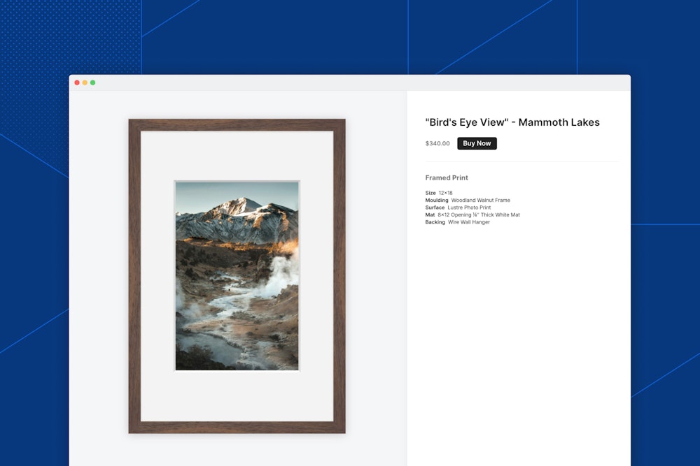 A Framed Print titled "Bird's Eye View - Mammoth Lakes" displayed on a payment link online sales page with product details and a "Buy Now" button.