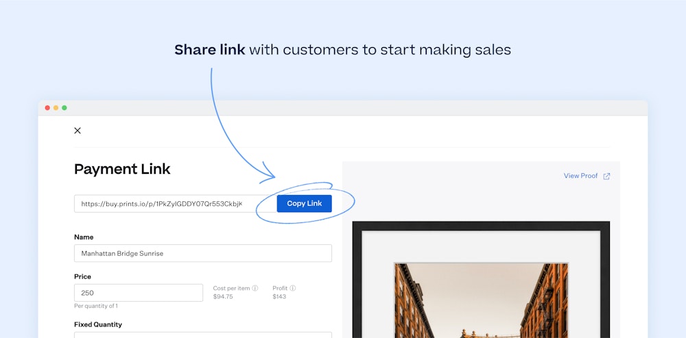 "Share link with customers to start making sales" text with arrow pointing at the "copy link" button on "Manhattan Bridge Sunrise" Framed Print payment link detail page screenshot on light blue background