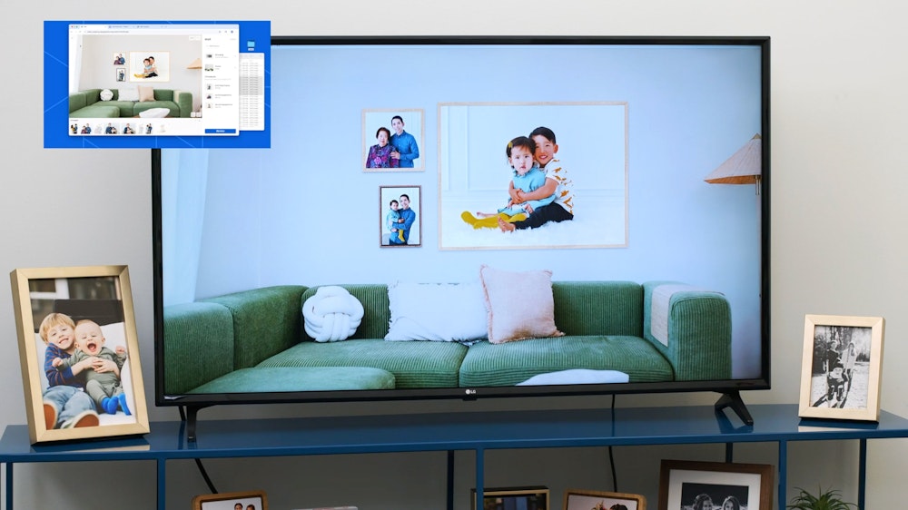 Picture-in-picture showing photographer's view of Gallery Wall Designer tool along with the Presentation Mode view of that displayed on a TV screen in their studio.