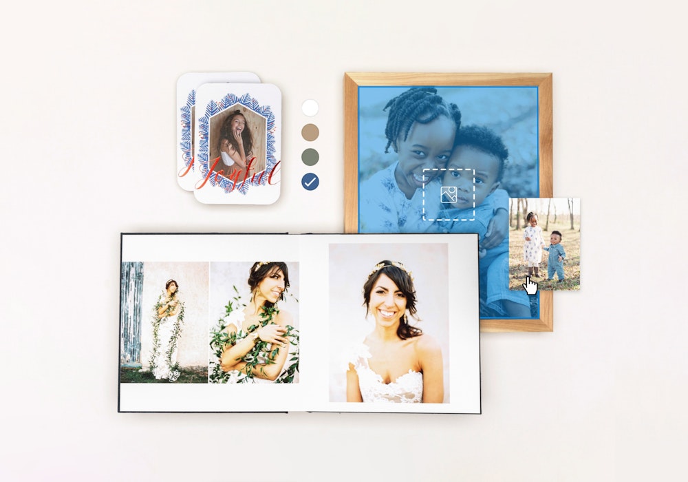 Studio Project album, framed print, and cards product design with interface elements