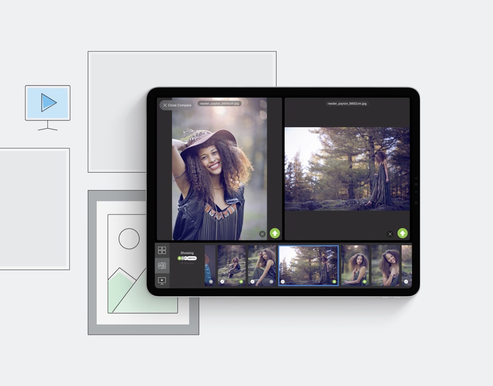 Studio Project iPad app interface over illustrations