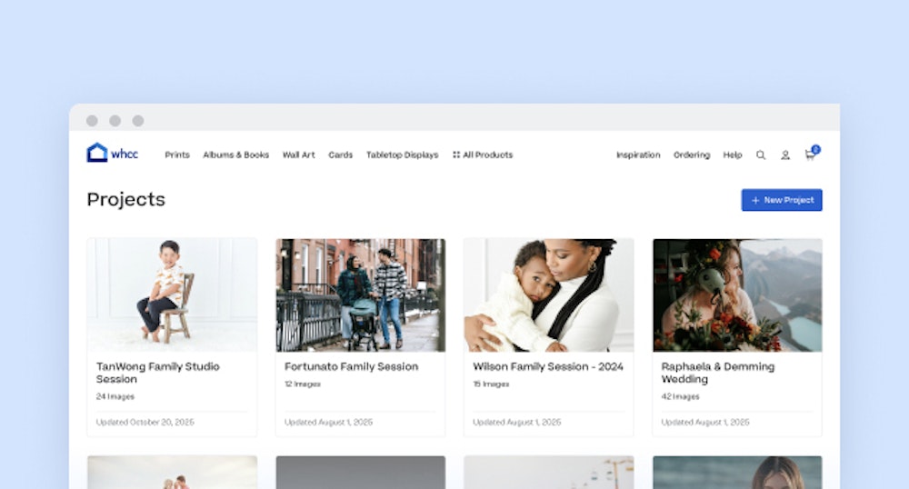 A user interface displaying a user's project with three product thumbnails, a purple album, a framed print, and a graduation card.