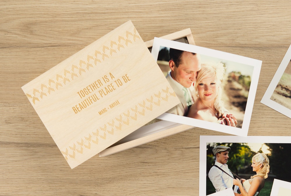 Wedding Proofs Prints with white borders in engraved Wood Box